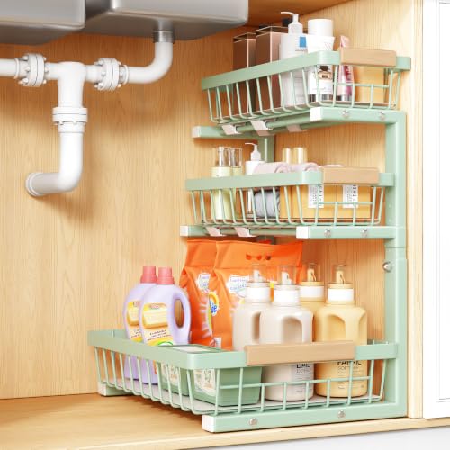 PXRACK Under Sink Organizer, 1-Pack 3-Tier Height Adjustable Thickened Metal Pull out Cabinet Organizer Shelf, Slide out Storage Drawer Rack for Bathroom Kitchen Pantry Home Organization, Green - color: Green, size: 1-Pack