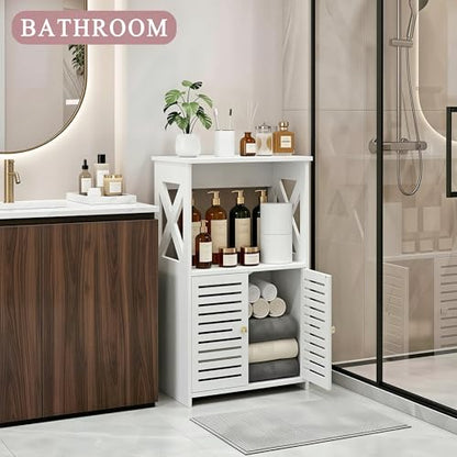 BYFU 3-Tier Bathroom Floor Cabinet with Door and Shelf, 14.2" W x 24.4" H | White Small Storage, Freestanding Organizer, for Living Room, Hallway, Kitchen, Easy Assembly