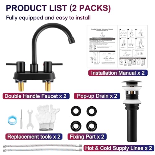2 Pack Matte Black Bathroom Faucet for 3 Hole, Herogo 4 Inch 2-Handle Bathroom Sink Faucet with Pop-Up Drain and Supply Hoses, 18/10 Stainless Steel Faucets for RV Vanity - color: Matte Black, style: Round Handles-2 Set