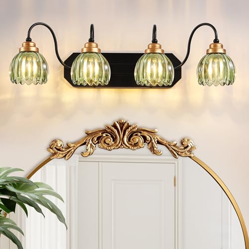 Vintage Gold Bathroom Light Fixtures, 4 Light Green Tulip Crystal | Brushed Gold Vanity Lights, Matte Antique Brass Finish, Mid Century Style, Wall Sconces for Bedroom,Hallway, Easy to Install - color: Green, size: 4-Light