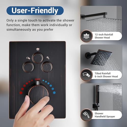 Thermostatic Dual Shower System, Shower Faucet(Oil Rubbed Bronze) | 12 Inch Shower Head, 6 Inch Wall Mount Head, High Pressure Handheld Sprayer, Push Button Valve - color: Oil Rubbed Bronze