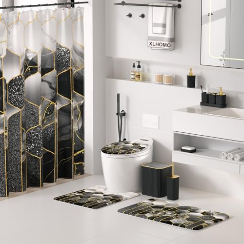 XLHOMO Bathroom Set - 26PC Bathroom Set with Shower Curtain and Rugs, Bathroom Accessory Set, Black Bathroom Accessories Set, Trash Can & Soap Dispenser - style: Black&Gold