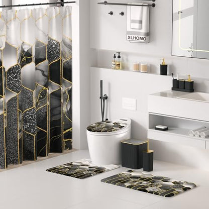 XLHOMO Bathroom Set - 26PC Bathroom Set with Shower Curtain and Rugs, Bathroom Accessory Set, Black Bathroom Accessories Set, Trash Can & Soap Dispenser - style: Black&Gold