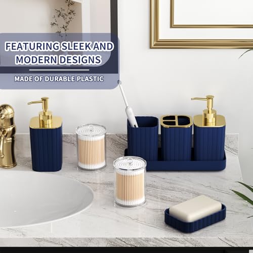 XLHOMO Bathroom Accessory Set - 26PC Bathroom Shower Curtain and Rug Set, Bathroom Accessories Set, Navy Blue Bathroom Set with Trash Can, Toilet Brush, Qtip Holder & Soap Dispenser - style: Navy Blue