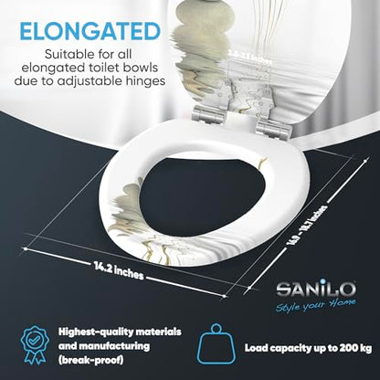 SANILO Wooden Toilet Seat with Soft Close [ELONGATED] - Decorative, Quiet & Slow Close Molded Wood Seat - With Strong Bumpers & Hinges - Adjustable Fit - Balance - color: Balance