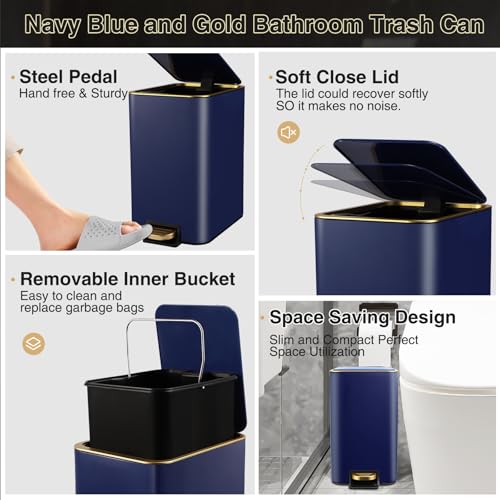 XLHOMO Bathroom Sets with Shower Curtain and Rugs Bathroom Accessories Set Navy Blue Bathroom Set,Soap Dispenser & Toilet Brush Holder Set with Stainless Steel Trash Can - size: Navy blue, style: Bath Set+Shower Curtain+Bath Rugs