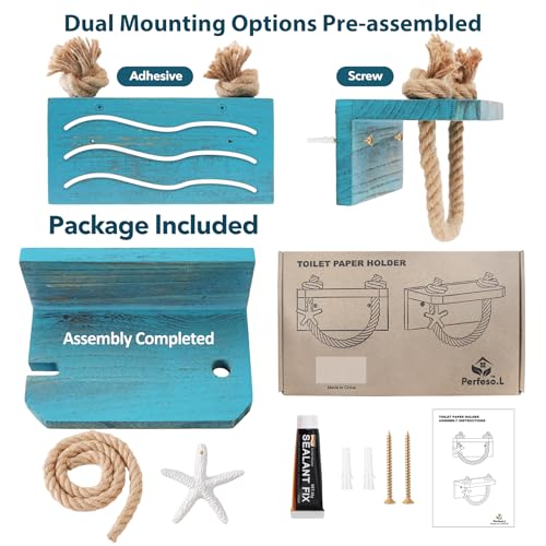 Nautical Rope Toilet Paper Holder Beach Farmhouse Bathroom Decor | Pre-Assembled Wall Mounted Coastal Ocean Starfish Rope Towel Rack Unique Tissue Roll Holder with Wood Shelf Blue - color: Rustic Sea Blue