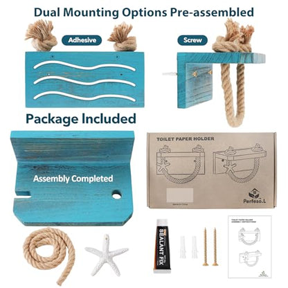 Nautical Rope Toilet Paper Holder Beach Farmhouse Bathroom Decor | Pre-Assembled Wall Mounted Coastal Ocean Starfish Rope Towel Rack Unique Tissue Roll Holder with Wood Shelf Blue - color: Rustic Sea Blue