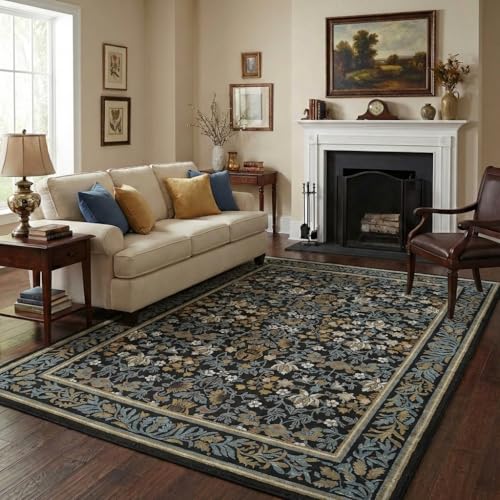 GarveeHome 5x7 Area Rugs Washable Rugs for Living Room, Boho Vintage Rug Non Slip Low Pile Stain Resistance Indoor Soft Large Carpet for Bedroom Dining Room Office Blue Black - color: Blue Black, size: 5' x 7' (Rectangular)