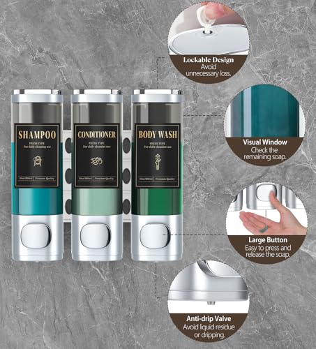Luxspire Shampoo and Conditioner Dispenser, Shower Soap Dispenser 3-Chamber | Lockable Large Capacity 900ml No-Drill Wall-Mounted Shampoo and Body Wash Dispenser for Bathroom Hotel Kitchen Airbnb - color: Silver, size: 3 Chamber