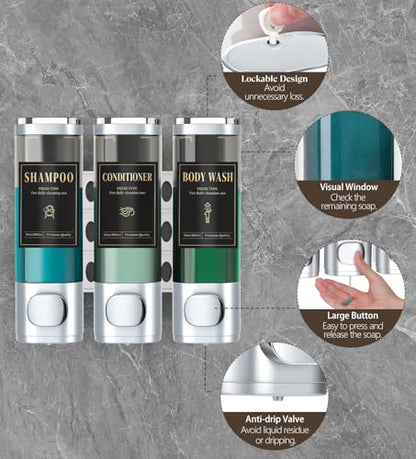 Luxspire Shampoo and Conditioner Dispenser, Shower Soap Dispenser 3-Chamber | Lockable Large Capacity 900ml No-Drill Wall-Mounted Shampoo and Body Wash Dispenser for Bathroom Hotel Kitchen Airbnb - color: Silver, size: 3 Chamber