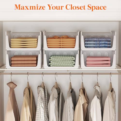 Lifewit Stacking Closet Organizers Shelf for Clothes 6 Pack 14" Depth | open front basket, top shelf storage bins, store clothing sweater jeans, for Pantry, Kitchen, Dorm