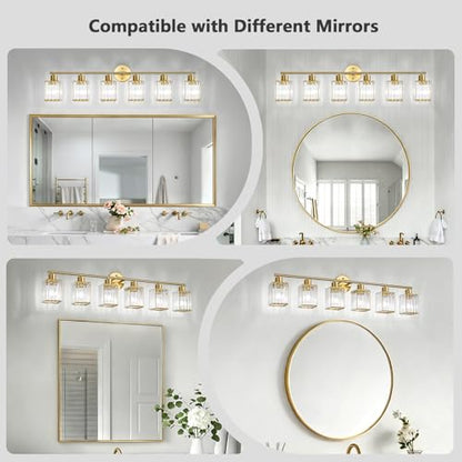 6 Light Bathroom Light Fixtures, Modern Crystal Vanity Lights over Mirror | Metal Frame, Bathroom Light with Square Crystal Shade, ETL Certified, E26 Ceramic Socket, Bulbs Not Included - color: Gold, size: 6-Light