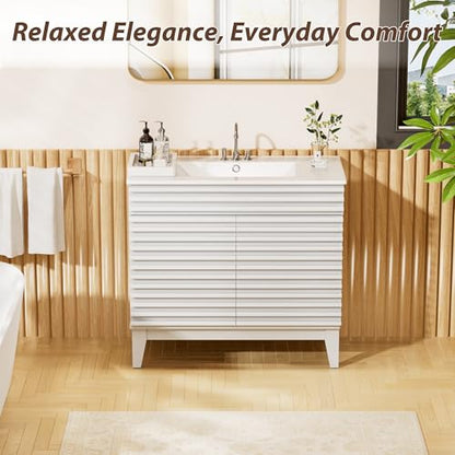 APRILSOUL 36" Bathroom Vanity with Ceramic Sink, Mid-Century Bathroom Vanity Cabinet with 2 Soft Closing Doors, Freestanding Bathroom Cabinet, Particleboard Frame with Wood Grain Laminate, White - color: White/ White Sink, size: 36 Inch