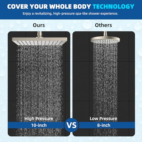 Hibbent cUPC Certified High Pressure 10'' Rain Shower Head, Brushed Nickel | Metal Square Bathroom Waterfall Thickness Shower Heads, High-flow Fixed Rainfall Showerheads, Adjustable Brass Ball Joint - color: Brushed Nickel, style: Square 10''