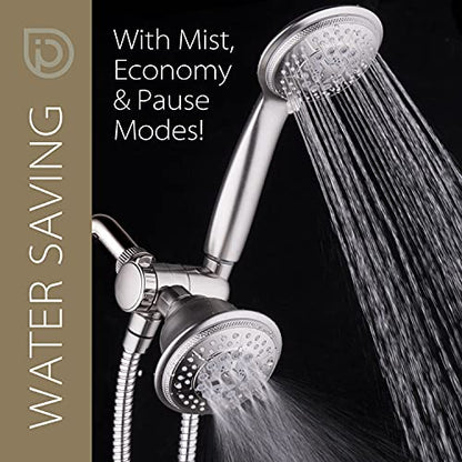 High Pressure 24-Function Dual 2-in-1 Handheld Shower Head Combo | With Self-clean Nozzles, 3-way Anti-swivel Water Diverter, and Premium Stainless Steel Hose / Nickel Finish - color: Brushed Nickel, size: 1.8 Gallons Per Minute