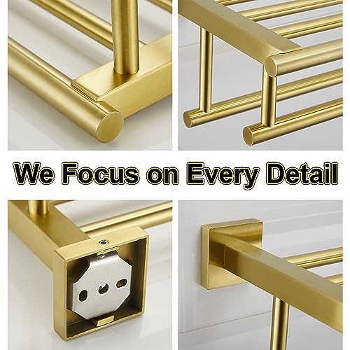 Bathroom Towel Rack 24 Inch Tower Holder with Double Towel Bar Brushed Gold Towel Rack Wall Mounted SUS304 Stainless Steel Hotel Towel Shelf Modern Towel Hanger - color: Brushed Gold, size: 24 Inch/ 60cm