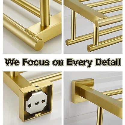 Bathroom Towel Rack 24 Inch Tower Holder with Double Towel Bar Brushed Gold Towel Rack Wall Mounted SUS304 Stainless Steel Hotel Towel Shelf Modern Towel Hanger - color: Brushed Gold, size: 24 Inch/ 60cm