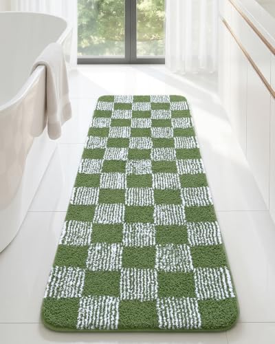 LOCHAS Long Bathroom Runner Rug 48×17, Checkered Bath Mat Non Slip, Green | Rubber Backing Absorbent Machine Washable, Microfiber Carpet for Kitchen Bedroom Entryway - color: Green, size: 48" x 17"