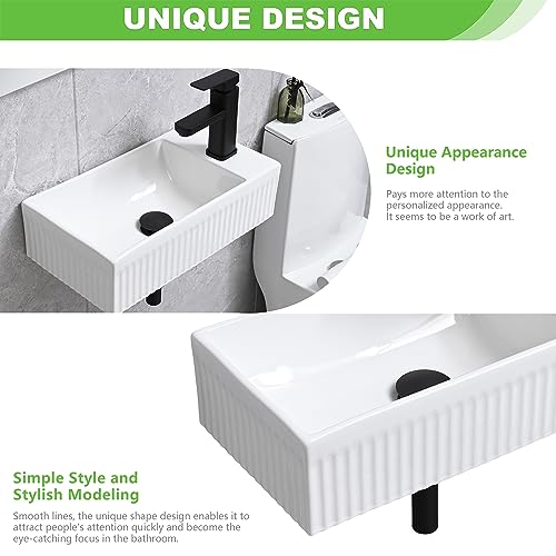 Bathroom Vessel Sink Wall Mount Sink White Wall Mounted Rectangular White Porcelain Ceramic Washing Small Bathroom Vanity Sink with Faucet and Drain - color: White 2