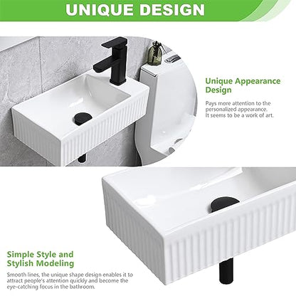 Bathroom Vessel Sink Wall Mount Sink White Wall Mounted Rectangular White Porcelain Ceramic Washing Small Bathroom Vanity Sink with Faucet and Drain - color: White 2