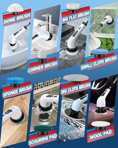 Electric Spin Scrubber, IPX7 Cordless Power Cleaning Brush, Dual Speed Electric Shower Scrubber with 8 Brush Heads, USB-C Charging and Retractable Handle for Tile & Bathtub