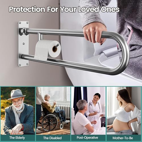 29.5 Inch Foldable Toilet Grab Bars, Bathroom Stainless Steel Handrails with Paper Holder, Handicapped Flip-Up Handles, Senior Safety Rails, Wall Mounted Hand Grips, for Elderly, Disabled, Pregnant - size: 29.5 inches