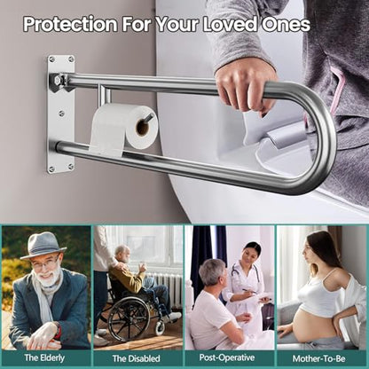 29.5 Inch Foldable Toilet Grab Bars, Bathroom Stainless Steel Handrails with Paper Holder, Handicapped Flip-Up Handles, Senior Safety Rails, Wall Mounted Hand Grips, for Elderly, Disabled, Pregnant - size: 29.5 inches