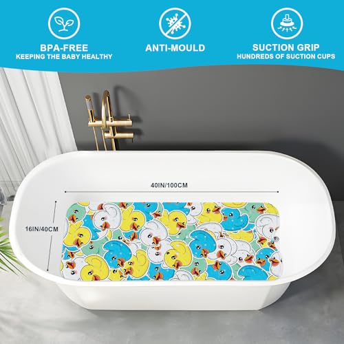 Baby Bath Mat for Tub Non Slip Kids, BPA Free Extra Long Bathtub Mat 40x16 with Drain Holes and 200 Suction Cups, Non Toxic Machine Washable Toddler Bath Mat, Eco-Friendly Certified - color: Sticker Duck