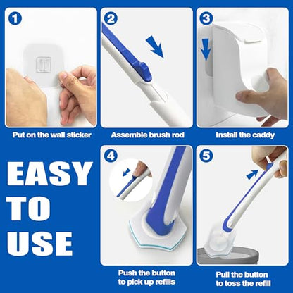 JEHONN Disposable Toilet Brush with 64 Wand Cleaner Refills, Wall Mounted Toilet Bowl Brush Holder Set, Bathroom Cleaning System for Sink Bathtub Wash Basin (Blue)