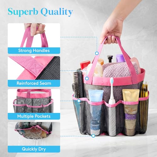 Lifewit Mesh Shower Caddy Portable for College Dorm Room Essentials with 7 Pockets, Freestanding Hanging Organizer Basket, Quick Dry Tote Bag for Camping, Bathroom, Beach, Travel, 1 Pack, Pink | 2 Handles, Freestanding, Quick Dry Tote Bag, 7 Pockets, for