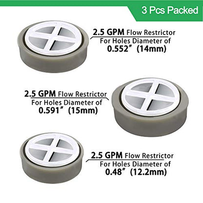 YOO.MEE 2.5 GPM Flow Restrictor Set, Multi-Hole Fit, 3-Pack | Fits 0.48''(12mm), 0.552''(14mm), 0.591''(15mm) holes, for fixed or handheld showers, water-saving