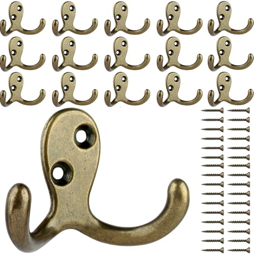 IBosins 16 Pack Antique Brass Double Prong Coat Hooks for Coat, Scarf, Bag | Heavy Duty Rustic Wall Mounted Utility Coat Hooks for Towel, Key, Cap, Cup and Hat - color: 16 Pcs Antique Brass