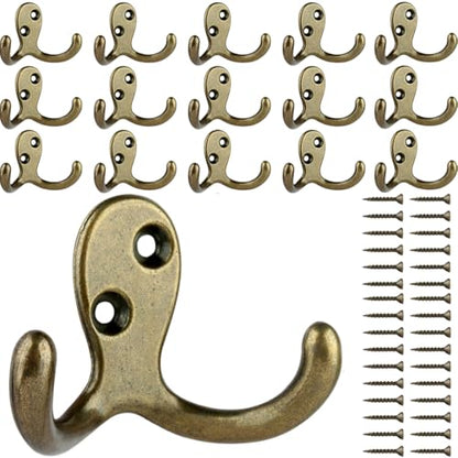 IBosins 16 Pack Antique Brass Double Prong Coat Hooks for Coat, Scarf, Bag | Heavy Duty Rustic Wall Mounted Utility Coat Hooks for Towel, Key, Cap, Cup and Hat - color: 16 Pcs Antique Brass