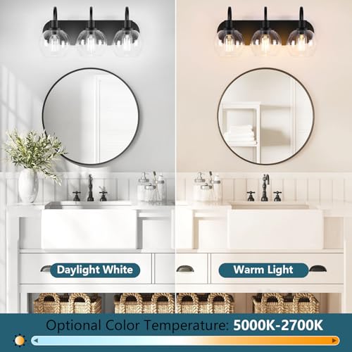 Dpyrrhic Bathroom Vanity Light,Modern 3-Light Bathroom Lighting Fixtures Over Mirror with Clear Glass Shade and Metal Base,Matte Black Bathroom Lighting - color: Black, size: 3-Light