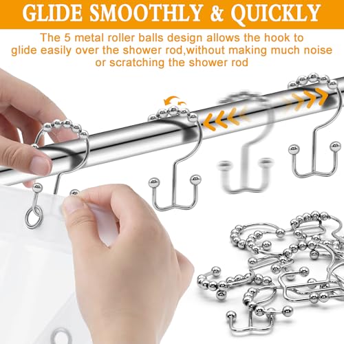 Shower Curtain Hooks,12 Pcs Rustproof Metal Shower Curtain Rings,Free Sliding Double Shower Hooks for Shower Curtain & Liners,Shower Curtain Hangers for Bathroom Shower Curtain Rods Curtains (Silver) - color: Silver