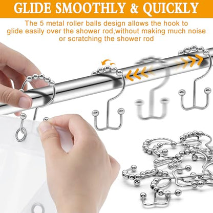 Shower Curtain Hooks,12 Pcs Rustproof Metal Shower Curtain Rings,Free Sliding Double Shower Hooks for Shower Curtain & Liners,Shower Curtain Hangers for Bathroom Shower Curtain Rods Curtains (Silver) - color: Silver
