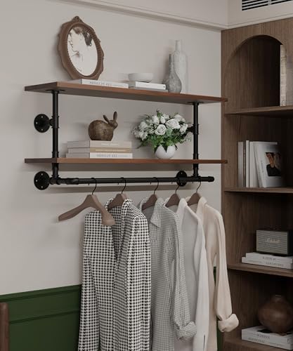Clothes Rack 42in, Wall Mounted Garment Rack with Real Walnut Wood Shelf, Heavy Duty Hanging Clothes Rack, Multi-Purpose Hanging Rod, Space-Saving Closet Storage - color: Walnut, size: 2T42IN