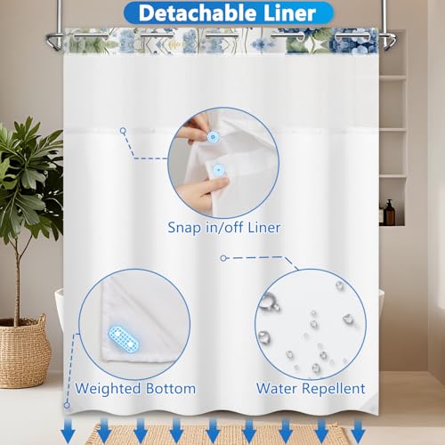 No Hook Floral Shower Curtains, Blue Hydrangea Double Layers Waterproof Fabric Shower Curtain with Snap in Liner and Top Sheer Window, 71x74in Hotel Summer Bathroom Shower Curtains with Weighted Hem - color: Blue Hydrangea