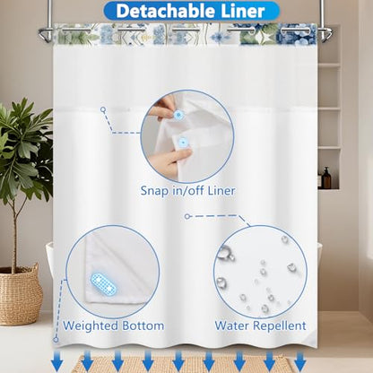 No Hook Floral Shower Curtains, Blue Hydrangea Double Layers Waterproof Fabric Shower Curtain with Snap in Liner and Top Sheer Window, 71x74in Hotel Summer Bathroom Shower Curtains with Weighted Hem - color: Blue Hydrangea