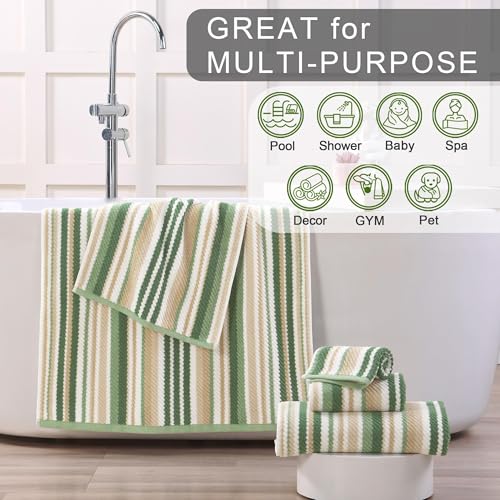 VOOVA & MOVAS Striped Towels 6 Pack, 100% Cotton, Sage Green | Daily Bathroom Use, Available in 13x13, 16x27, 28x52 In, Quick Dry, Soft, Absorbent, Bath Towels with Hanging Loops - color: Sage + Green + Beige Striped, size: 6 PCS Bathroom Towels