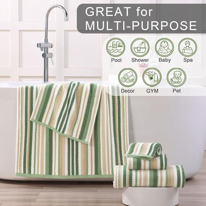 VOOVA & MOVAS Striped Towels 6 Pack, 100% Cotton, Sage Green | Daily Bathroom Use, Available in 13x13, 16x27, 28x52 In, Quick Dry, Soft, Absorbent, Bath Towels with Hanging Loops - color: Sage + Green + Beige Striped, size: 6 PCS Bathroom Towels