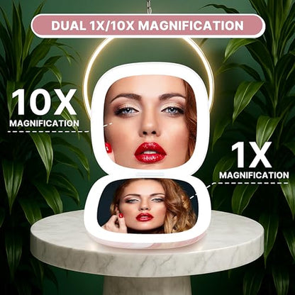 Lighted Makeup Compact Mirror, 3.9 Inch – 1x/10x Magnification Portable, LED – Auto Light On/Off - USB Charging, (Blush Marble) - color: Blush Marble