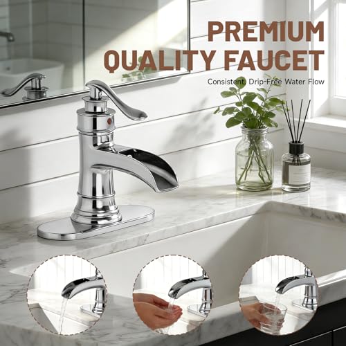Bathroom Faucet Chrome Waterfall Bathroom Sink Faucets & Parts | with Pop Up Drain Stopper with Overflow Single Handle Single Hole Vanity Commercial Trough Supply Lines Hose Lead-Free - color: Chrome