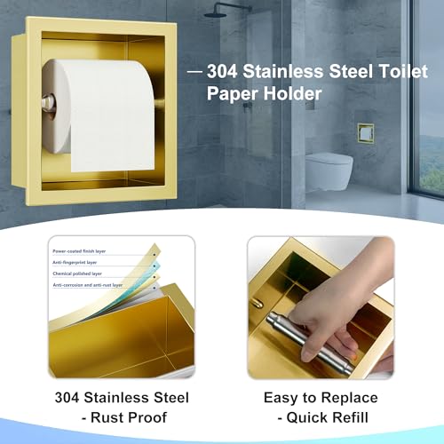 Neodrain Gold Recessed Toilet Paper Holder,for Standard/Mega Roll | 304 Stainless Steel,Built-in Wall Toilet Paper Holder ,Stylish Mega Roll Tissue Dispenser for Bathroom, RV - color: Gold