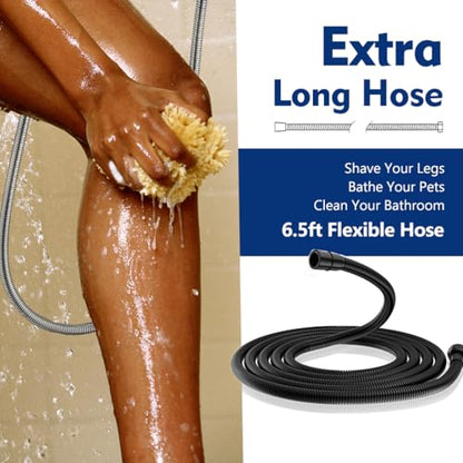 High Pressure 10 Setting Handheld Shower Head, 5" Detachable Showerhead Spray Built-in Power Wash to Clean Tub, Tile & Pets, 79" Extra Long Stainless Steel Hose, Adjustable Bracket - Matte Black - color: Black