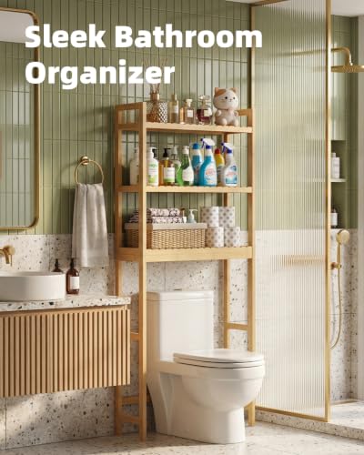 SMIBUY Bathroom Storage Shelf, Bamboo Over-The-Toilet Organizer Rack, Freestanding Toilet Space Saver with 3-Tier Adjustable Shelves (Natural) - color: Natural