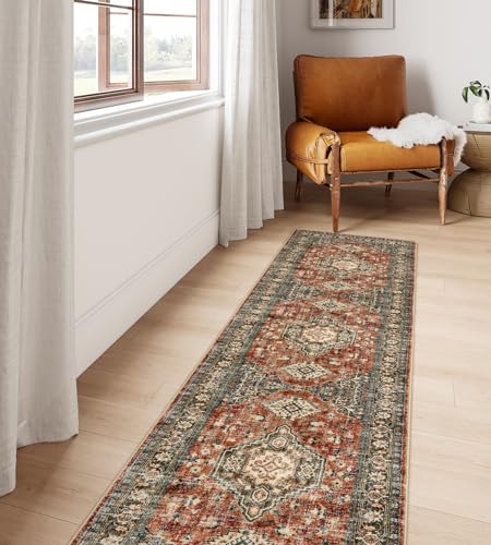 Lahome Oriental Washable Runner Rug Non Slip, 2x7 Rug Runners for Hallways Kitchen, Ultra-Thin Hallway Rugs for Laundry Room Bathroom Bedroom Eleanor, Brick Red - color: Brick Red, size: 2' x 7' (Runner)