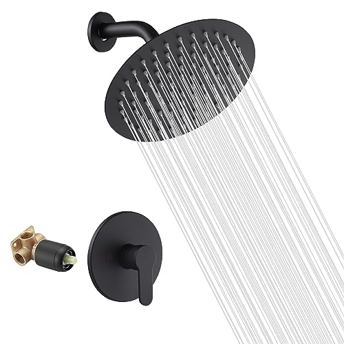Matte Black Shower Faucet GGStudy Single Function Shower Trim Kit with Rough-in Valve Shower Set Bath Rainfall Shower Faucet System 8inch Round Stainless Steel Metal Shower Head - color: Black, style: Round
