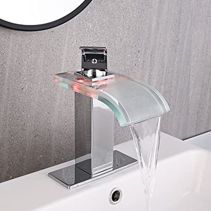 AVSIILE LED Bathroom Sink Faucet, Chrome Waterfall Single Hole Handle Vanity Faucets for Sinks 1 Hole with Metal Pop Up Drain and 2 Water Supply Lines, Wide Glass Spout - color: Chrome